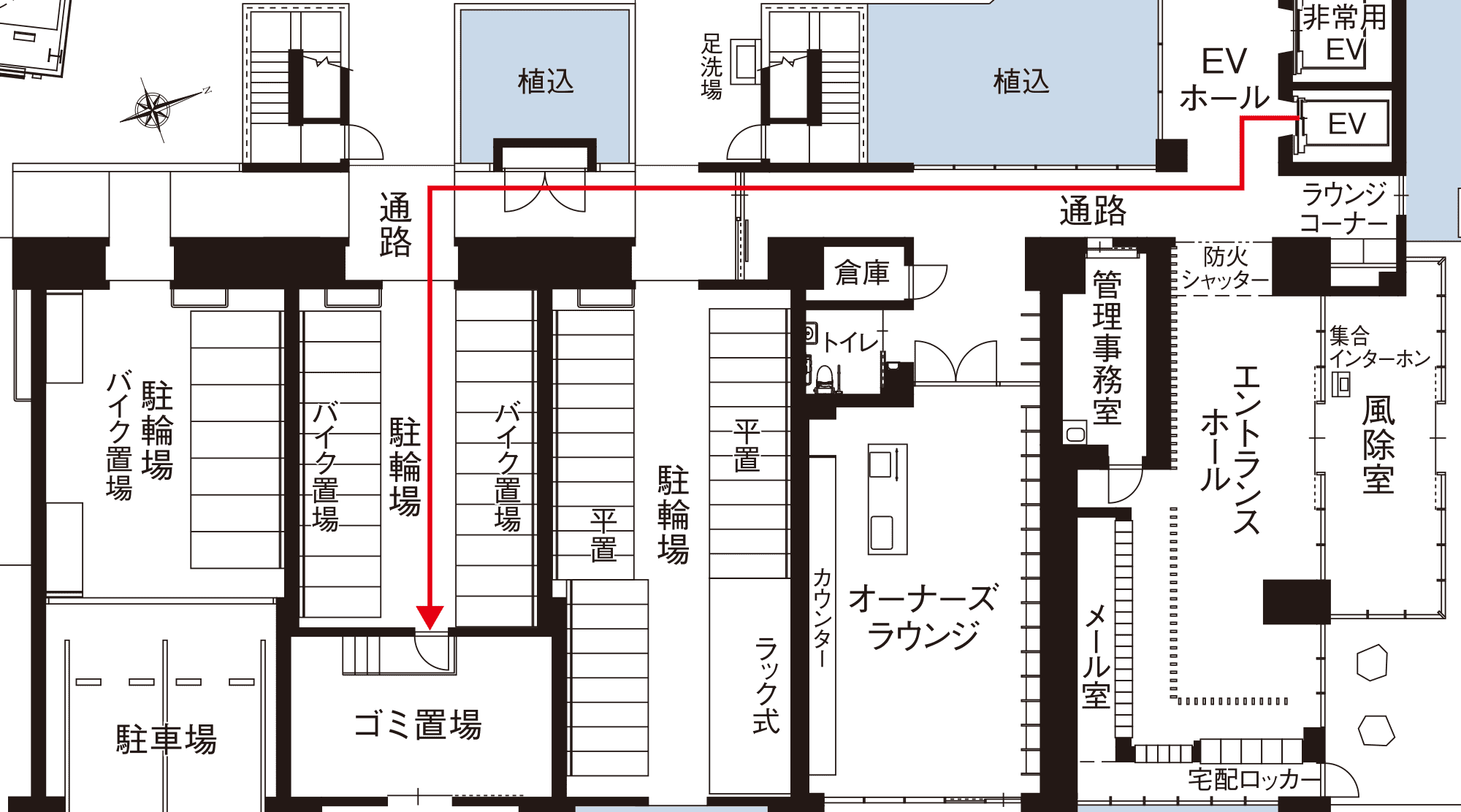 雨に濡れずにゴミ出し可能な建物内のゴミ置場