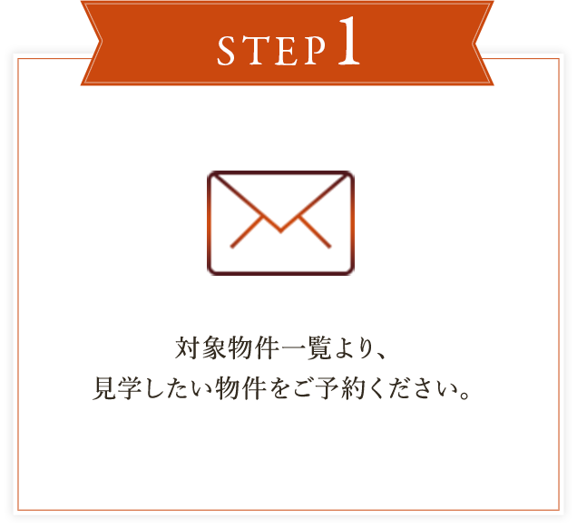 STEP1対象物件一覧より、見学したい物件をご予約ください。